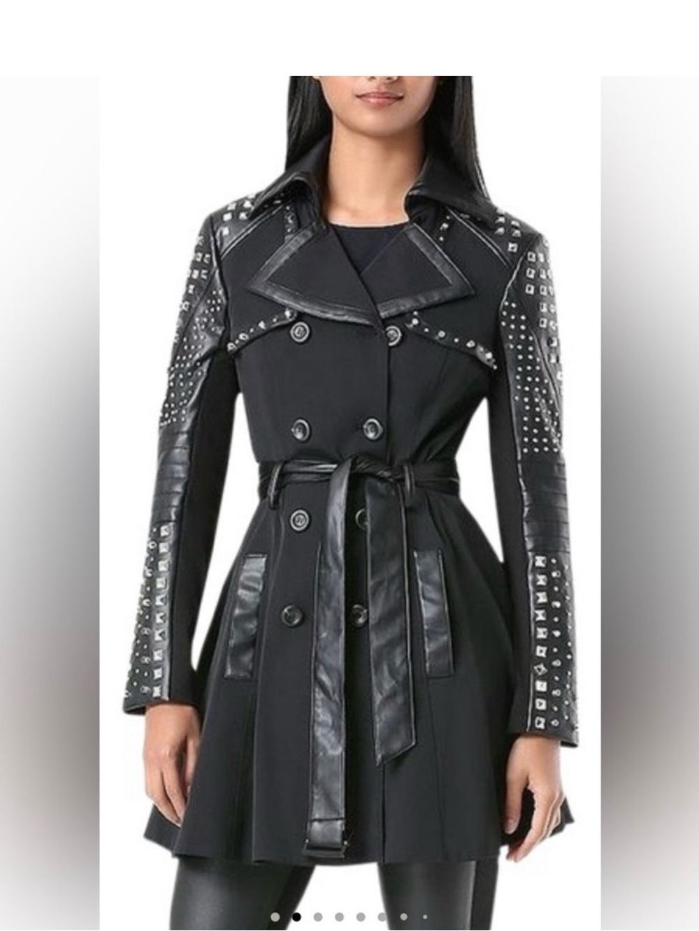 bebe Black Studded Trench Coat with Faux-Leather Trim
